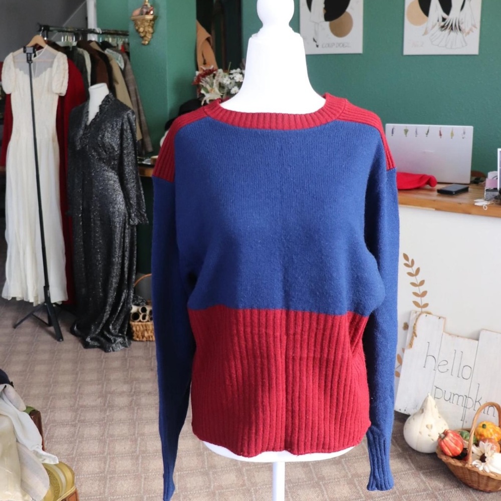 Vintage 70s Expressions by Campus Colorblock Sweater - Navy and Burgundy